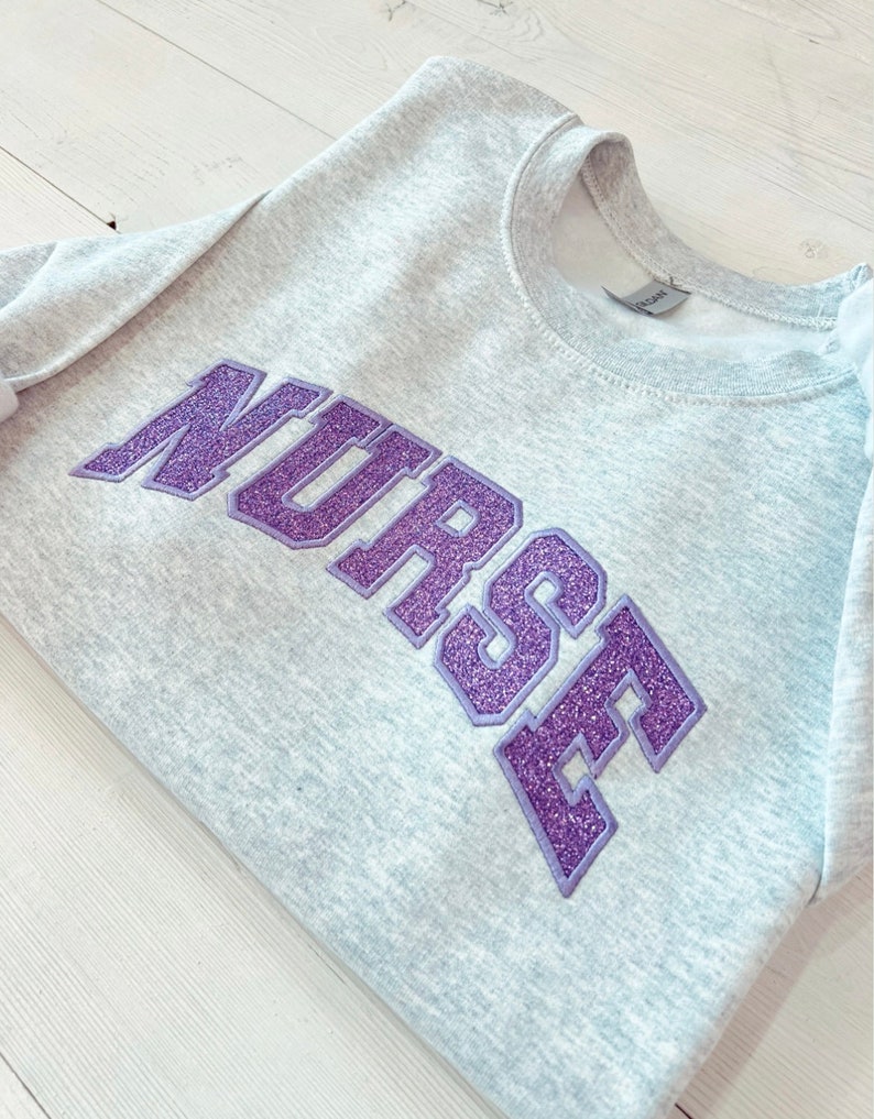 Glitter Nurse sweatshirt, Embroidered Nurse Gift, Varsity Nurse Sweater, Sparkle Nurse Crewneck