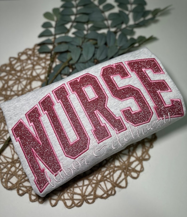 Personalized Glittery Embroidered Nurse Sweatshirt, Custom Nursing Glitter Embroidery Sweater For Nurses
