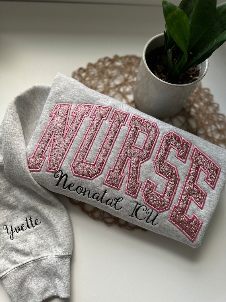 Personalized Glittery Embroidered Nurse Sweatshirt, Custom Nursing Glitter Embroidery Sweater For Nurses