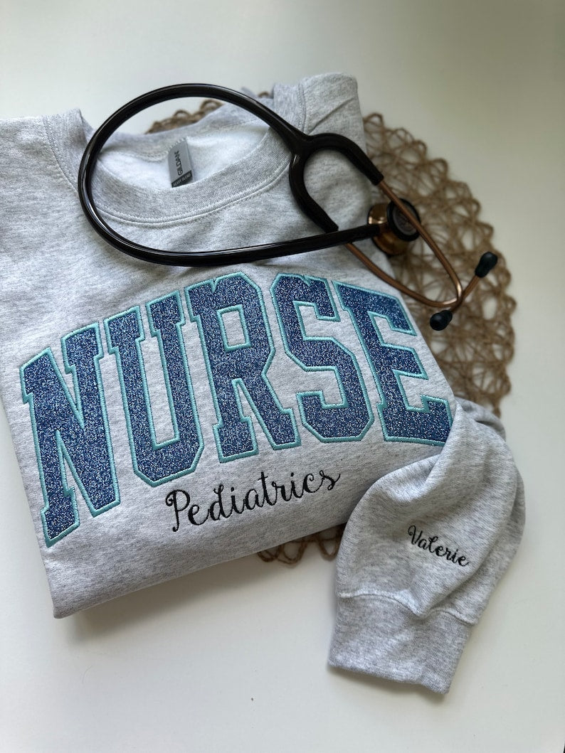 Personalized Glittery Embroidered Nurse Sweatshirt, Custom Nursing Glitter Embroidery Sweater For Nurses