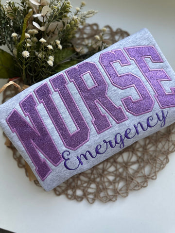 Personalized Glittery Embroidered Nurse Sweatshirt, Custom Nursing Glitter Embroidery Sweater For Nurses