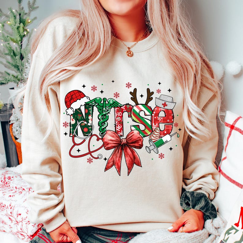 Nurse Christmas Tshirt, Sweatshirt, Hoodie Gift for Nurses, Cute Christmas Bow Design For Nurses