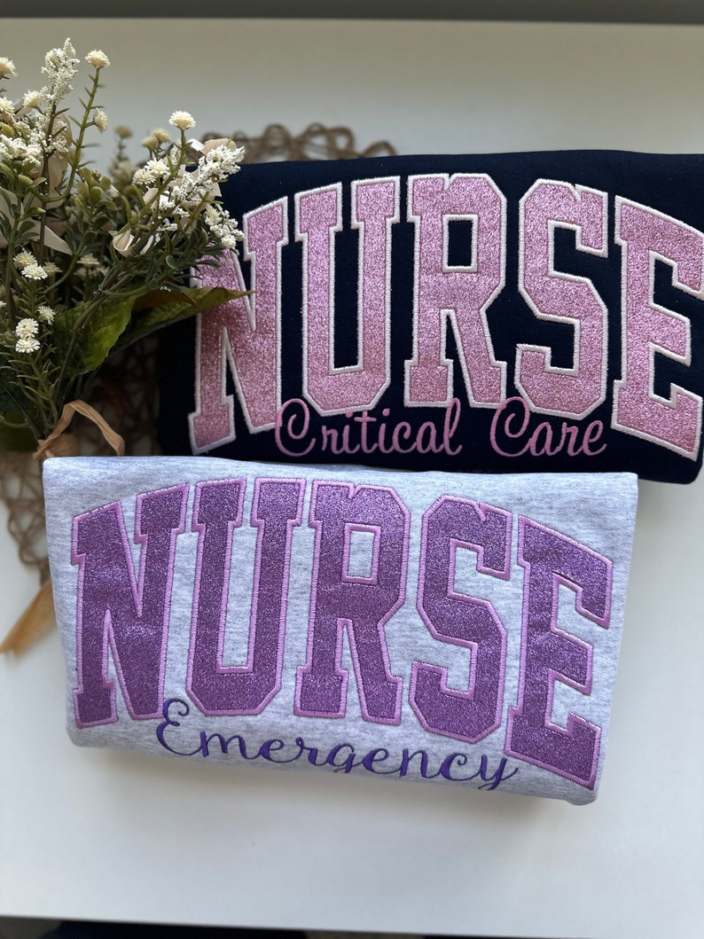 Personalized Glittery Embroidered Nurse Sweatshirt, Custom Nursing Glitter Embroidery Sweater For Nurses