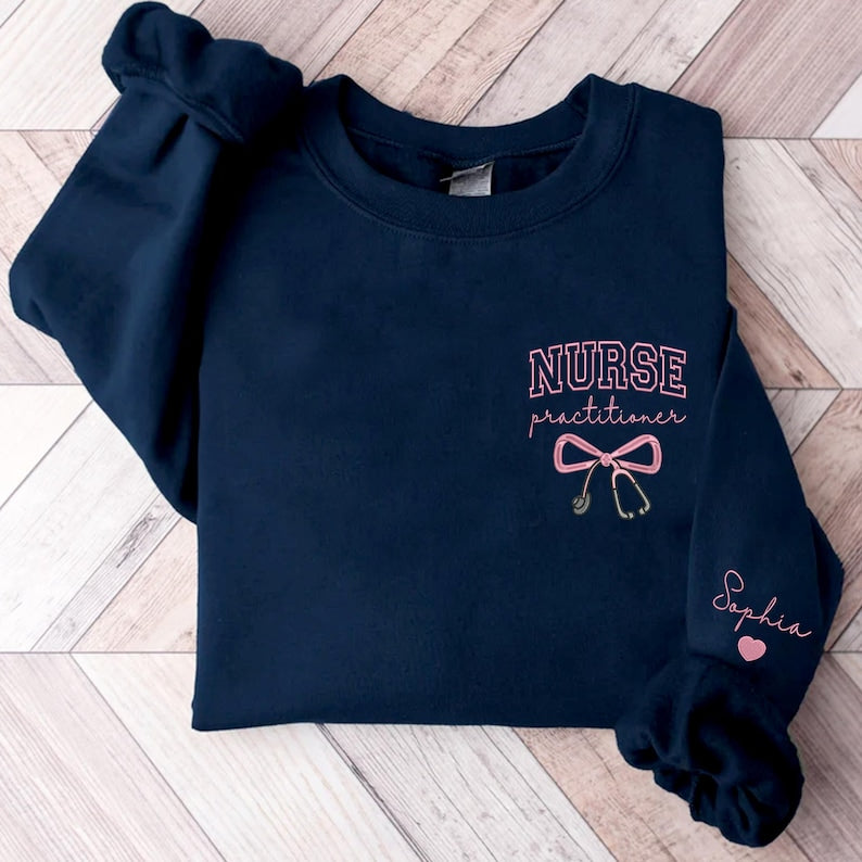 Personalized Embroidered Nurse Practitioner Sweatshirt, Nurse Bow Shirt, NP Graduation Gift, Personalized NP Crewneck Pullover