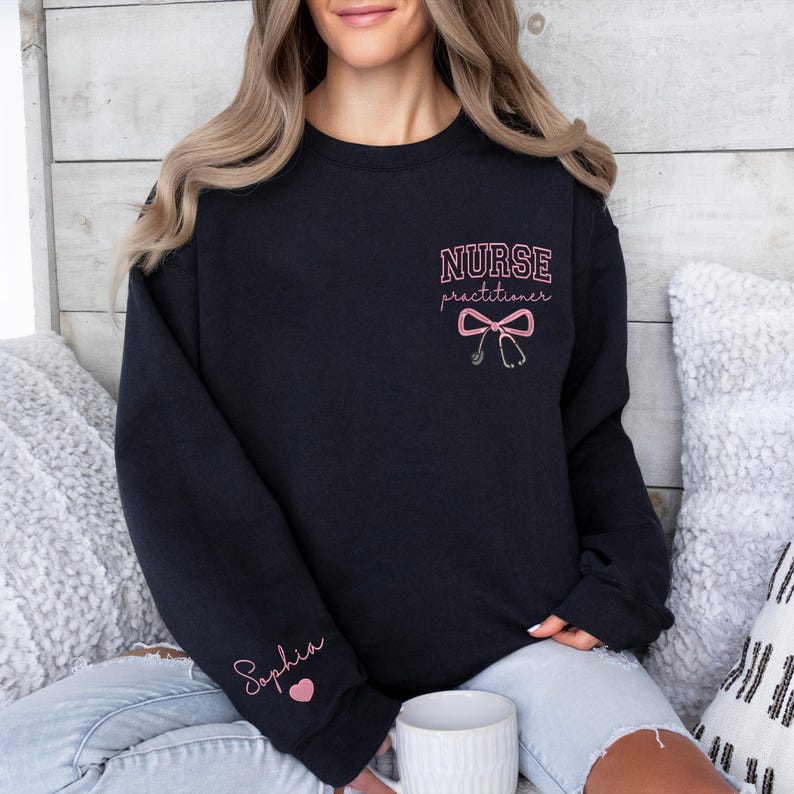 Personalized Embroidered Nurse Practitioner Sweatshirt, Nurse Bow Shirt, NP Graduation Gift, Personalized NP Crewneck Pullover