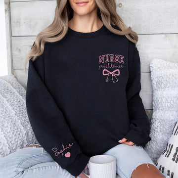Personalized Embroidered Nurse Practitioner Sweatshirt, Nurse Bow Shirt, NP Graduation Gift, Personalized NP Crewneck Pullover