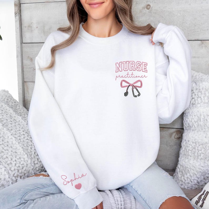 Personalized Embroidered Nurse Practitioner Sweatshirt, Nurse Bow Shirt, NP Graduation Gift, Personalized NP Crewneck Pullover