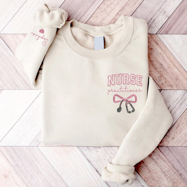 Personalized Embroidered Nurse Practitioner Sweatshirt, Nurse Bow Shirt, NP Graduation Gift, Personalized NP Crewneck Pullover