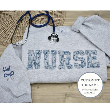 Embroidered Crewneck Floral Pattern Sweatshirt for Nurses