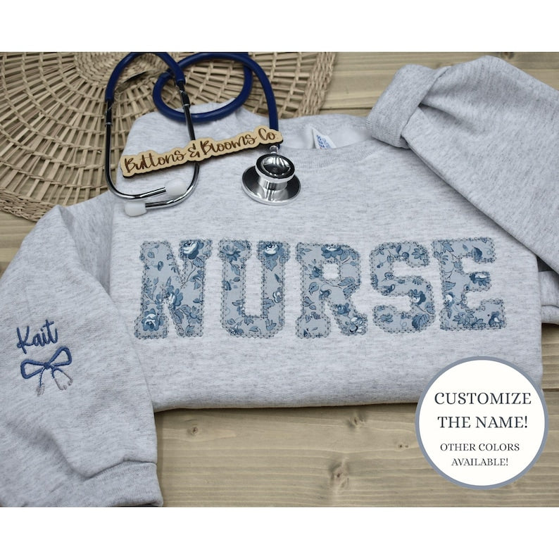 Embroidered Crewneck Floral Pattern Sweatshirt for Nurses
