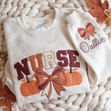 Custom Embroidery Fall Nurse Sweatshirt, Custom Name Nurse Pumpkin Sweatshirt, Thanksgiving Gift Shirt for Nurse, Fall Coquette Bow Nursing Shirt