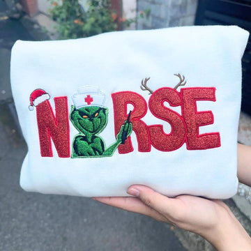 Christmas Nurse Grinch Embroidered Sweatshirt For Nurses