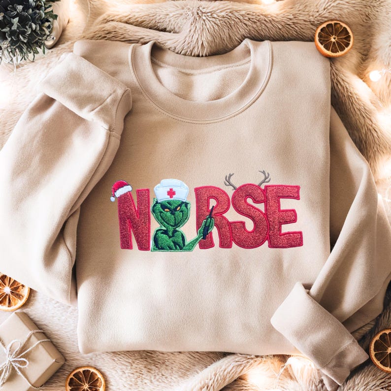 Christmas Nurse Grinch Embroidered Sweatshirt For Nurses
