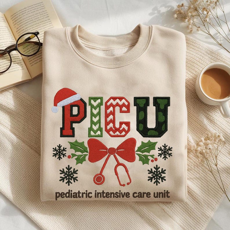 Embroidered Christmas PICU Nurse Sweatshirt Xmas Gifts