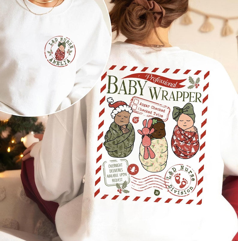 Personalized Labor and Delivery Nurse Christmas Sweatshirt, Santa's Delivery Service Sweatshirt, Baby Wrapper Gift