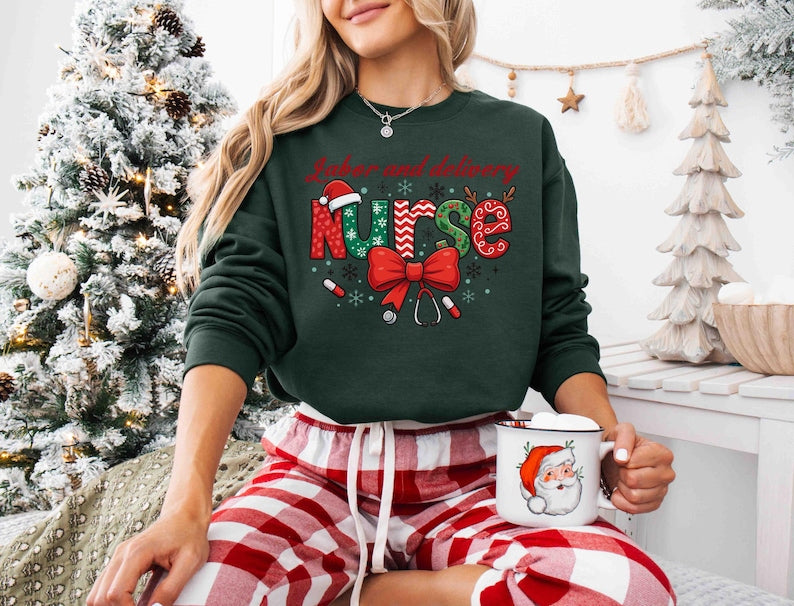 Labor and Delivery Nurse Christmas Sweatshirt, L&D Holiday Nurse Shirt, Coquette Bow Nurse Crewneck