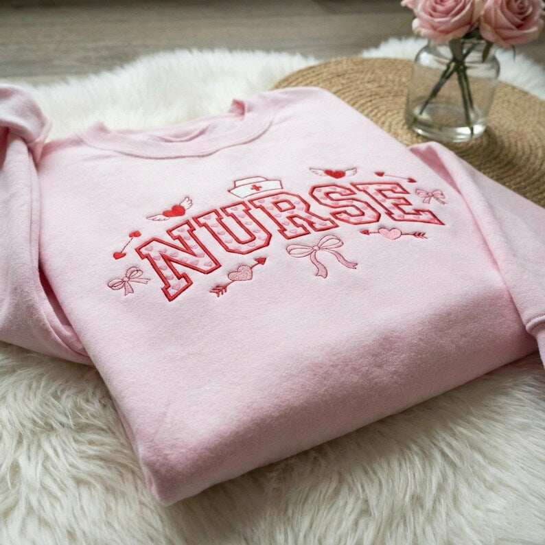 Valentine Nurse Embroidered Sweatshirt, Nurse Love Vibe Embroidered Sweatshirt