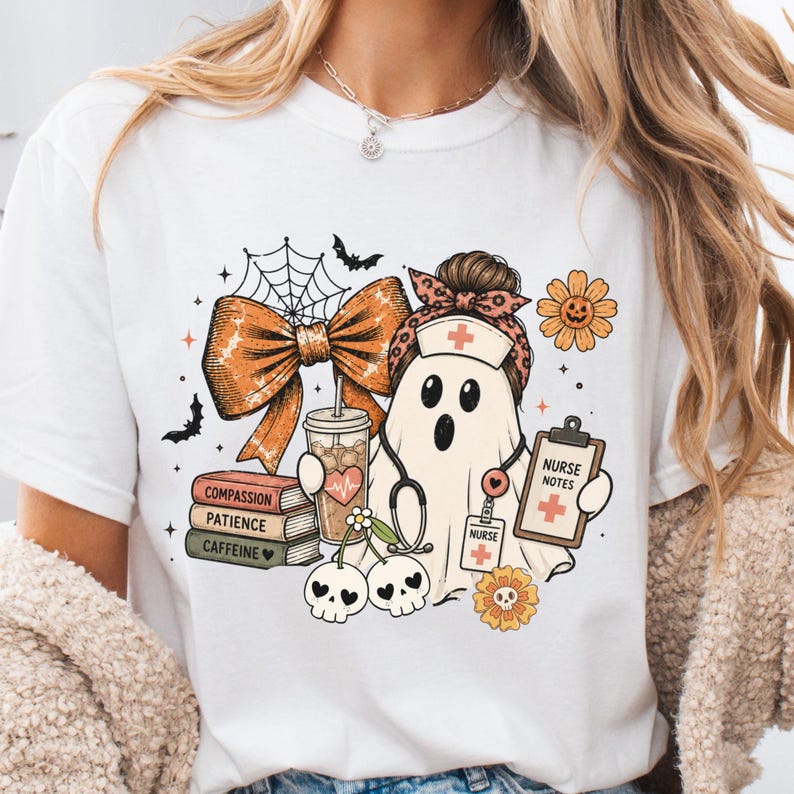 Nurse Halloween Shirt, Ghost Nurse Bow Collage Tee, Spooky Nursing T-Shirt, Cute Fall Gift for Nurses