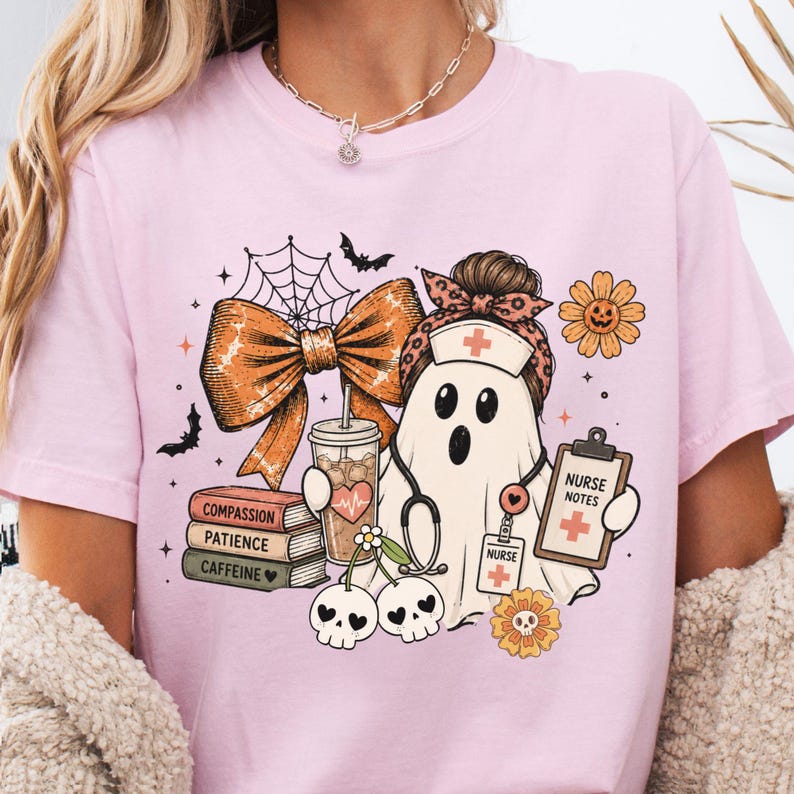 Nurse Halloween Shirt, Ghost Nurse Bow Collage Tee, Spooky Nursing T-Shirt, Cute Fall Gift for Nurses