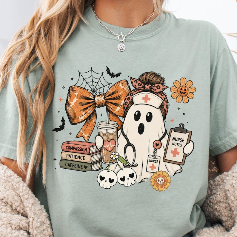 Nurse Halloween Shirt, Ghost Nurse Bow Collage Tee, Spooky Nursing T-Shirt, Cute Fall Gift for Nurses
