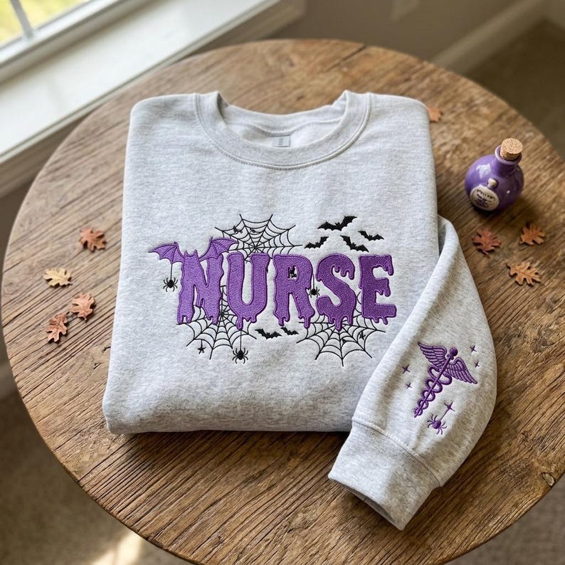 Embroidered Nurse Halloween Sweatshirt, Spooky Nurse Crewneck, Gothic Medical Shirt, Bat Spider Web Shirt, Nurse Gift