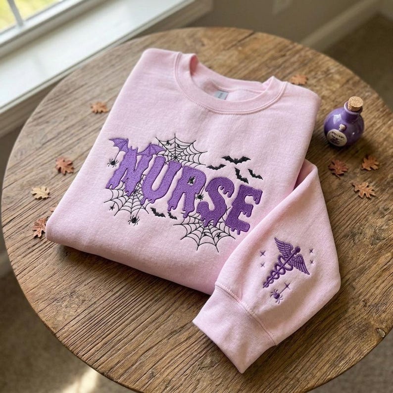 Embroidered Nurse Halloween Sweatshirt, Spooky Nurse Crewneck, Gothic Medical Shirt, Bat Spider Web Shirt, Nurse Gift