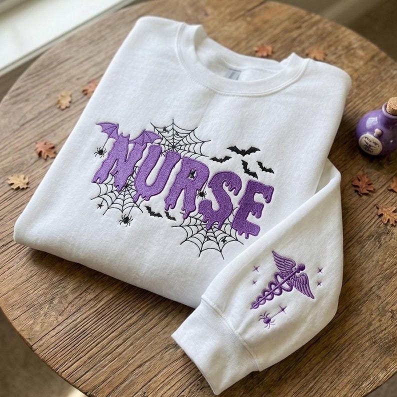 Embroidered Nurse Halloween Sweatshirt, Spooky Nurse Crewneck, Gothic Medical Shirt, Bat Spider Web Shirt, Nurse Gift