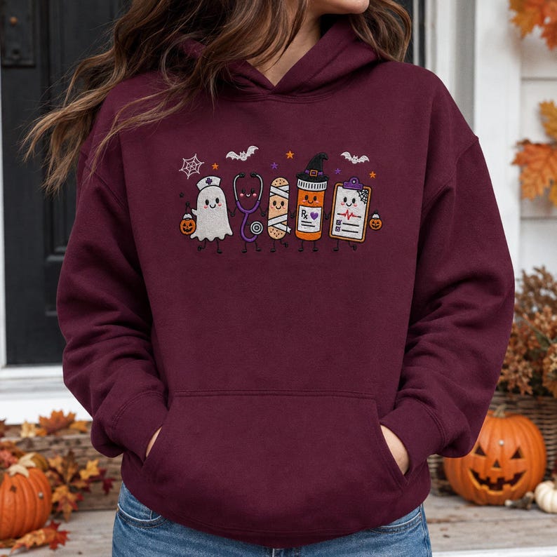 Embroidered Nurse Halloween Sweatshirt, Cute Ghost Stethoscope Pill Bottle Crewneck, Spooky Season Medical ICU RN Halloween Gift