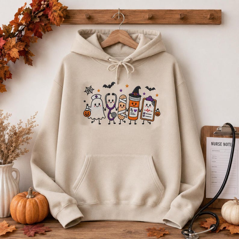 Embroidered Nurse Halloween Sweatshirt, Cute Ghost Stethoscope Pill Bottle Crewneck, Spooky Season Medical ICU RN Halloween Gift
