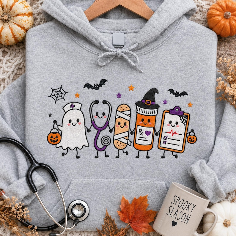 Embroidered Nurse Halloween Sweatshirt, Cute Ghost Stethoscope Pill Bottle Crewneck, Spooky Season Medical ICU RN Halloween Gift