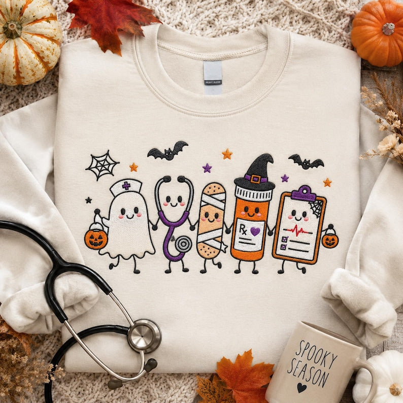 Embroidered Nurse Halloween Sweatshirt, Cute Ghost Stethoscope Pill Bottle Crewneck, Spooky Season Medical ICU RN Halloween Gift