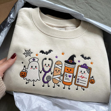 Embroidered Nurse Halloween Sweatshirt, Cute Ghost Stethoscope Pill Bottle Crewneck, Spooky Season Medical ICU RN Halloween Gift
