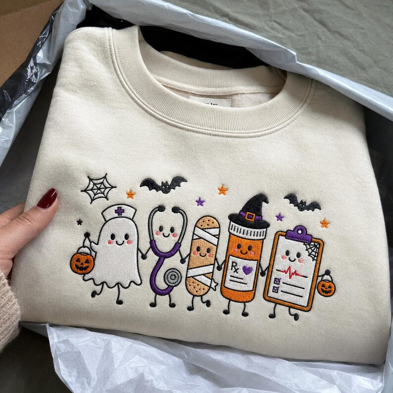 Embroidered Nurse Halloween Sweatshirt, Cute Ghost Stethoscope Pill Bottle Crewneck, Spooky Season Medical ICU RN Halloween Gift