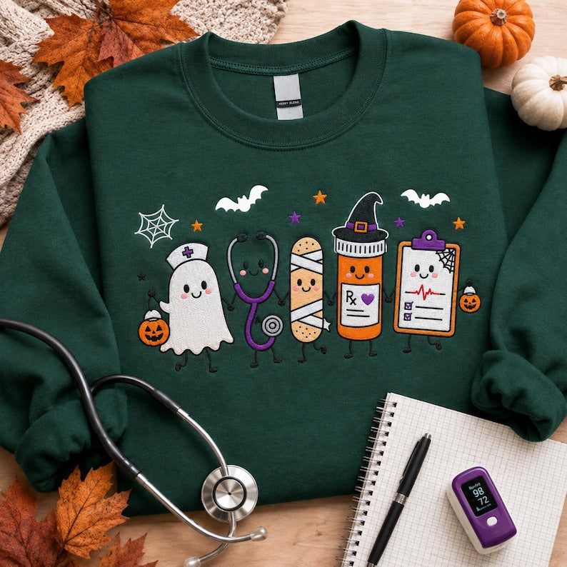 Embroidered Nurse Halloween Sweatshirt, Cute Ghost Stethoscope Pill Bottle Crewneck, Spooky Season Medical ICU RN Halloween Gift