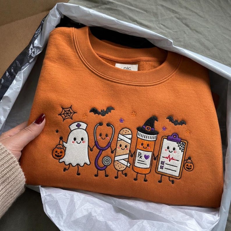 Embroidered Nurse Halloween Sweatshirt, Cute Ghost Stethoscope Pill Bottle Crewneck, Spooky Season Medical ICU RN Halloween Gift