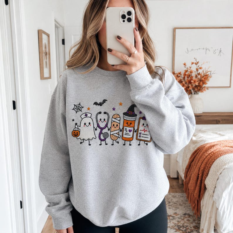 Embroidered Nurse Halloween Sweatshirt, Cute Ghost Stethoscope Pill Bottle Crewneck, Spooky Season Medical ICU RN Halloween Gift