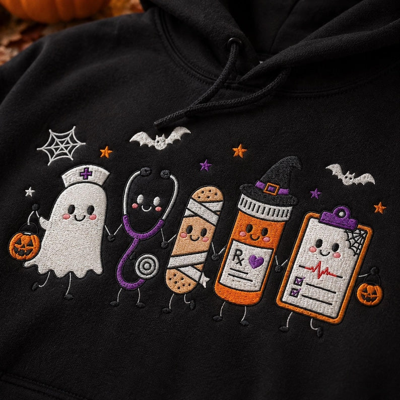 Embroidered Nurse Halloween Sweatshirt, Cute Ghost Stethoscope Pill Bottle Crewneck, Spooky Season Medical ICU RN Halloween Gift