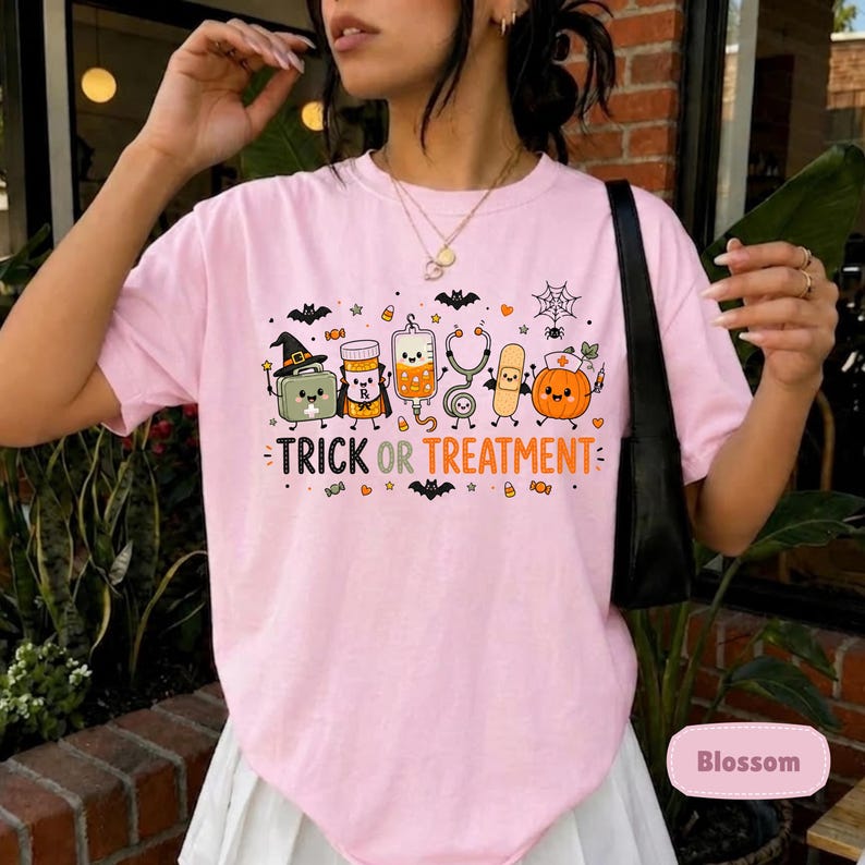 Trick or Treatment Nurse T-Shirt, Cute Halloween Medical Doodle Tee