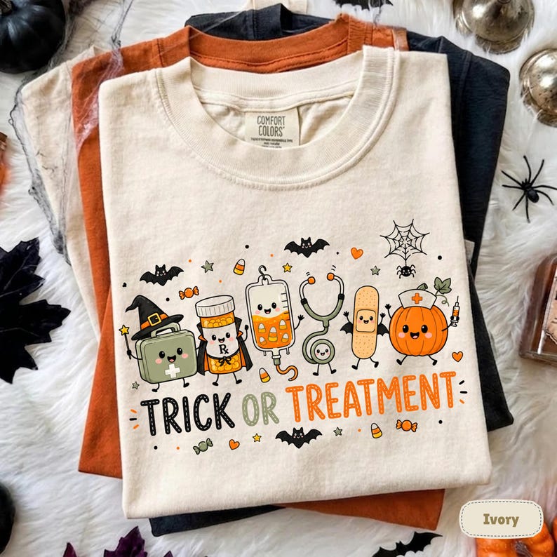 Trick or Treatment Nurse T-Shirt, Cute Halloween Medical Doodle Tee