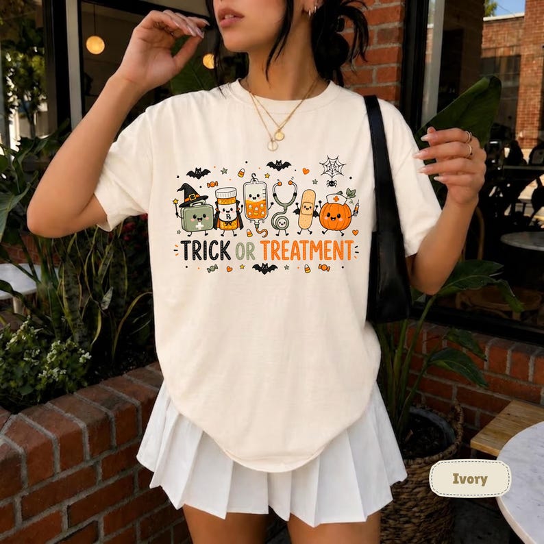 Trick or Treatment Nurse T-Shirt, Cute Halloween Medical Doodle Tee