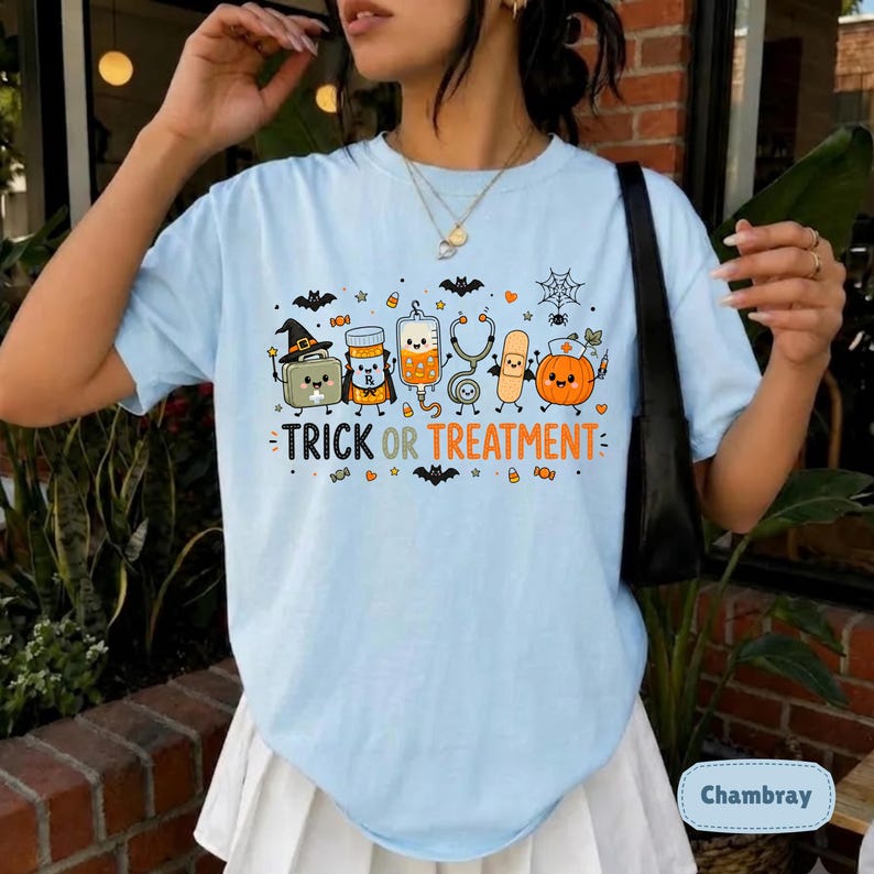Trick or Treatment Nurse T-Shirt, Cute Halloween Medical Doodle Tee