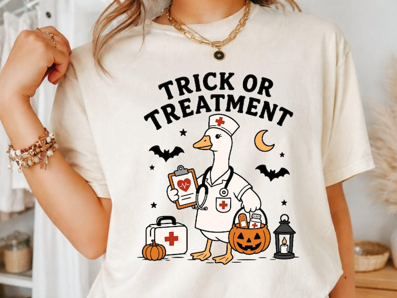 Trick Or Treatment Halloween Nurse Shirt, Funny Goose Meme Nurse Tee, Retro Spooky Season RN Shirt, Doctor Summerween TShirt