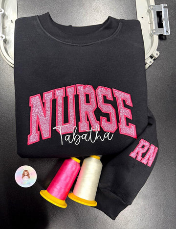 Custom Glitter Nurse Sweatshirt with Name and Sleeve Title
