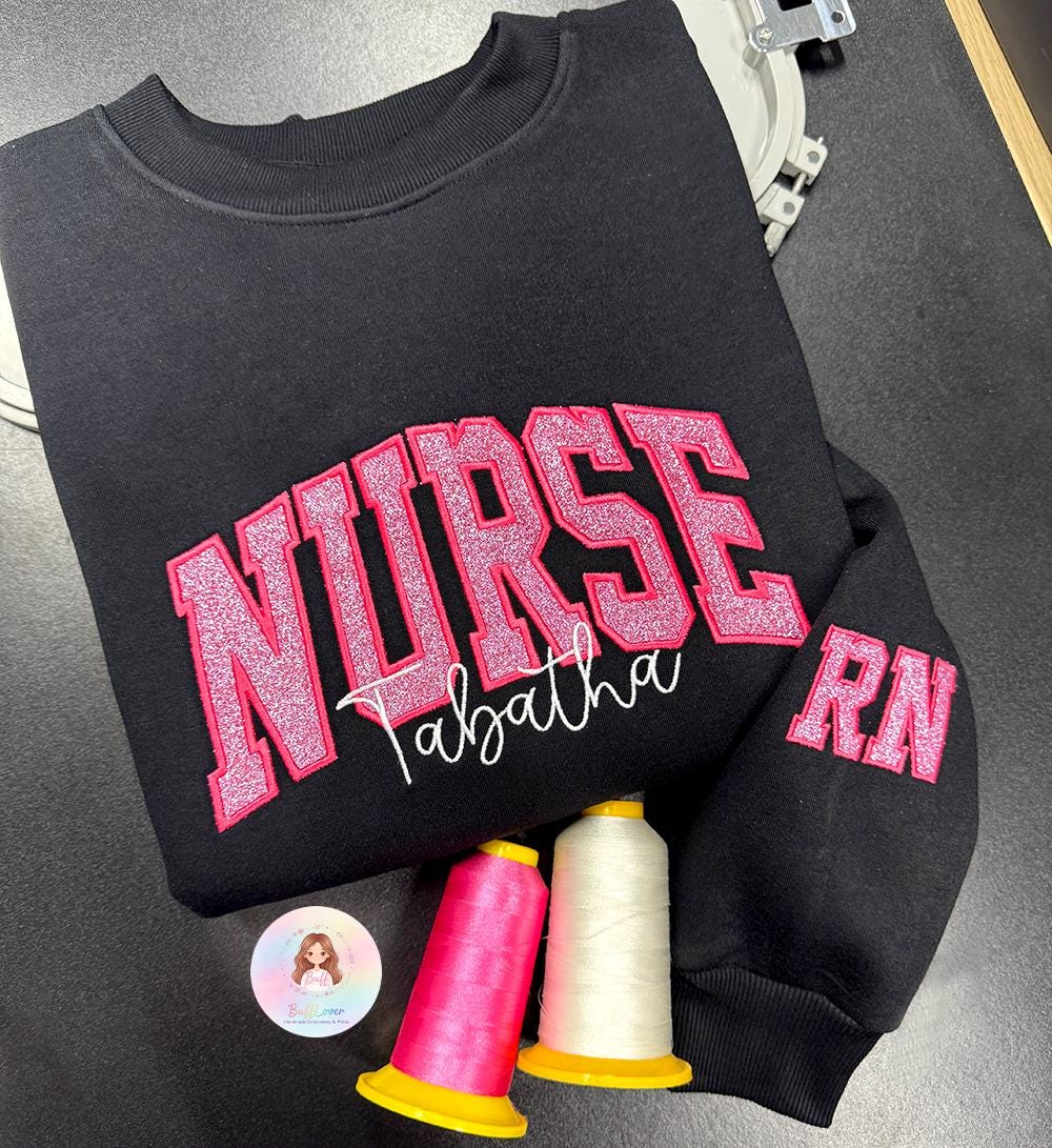 Custom Glitter Nurse Sweatshirt with Name and Sleeve Title