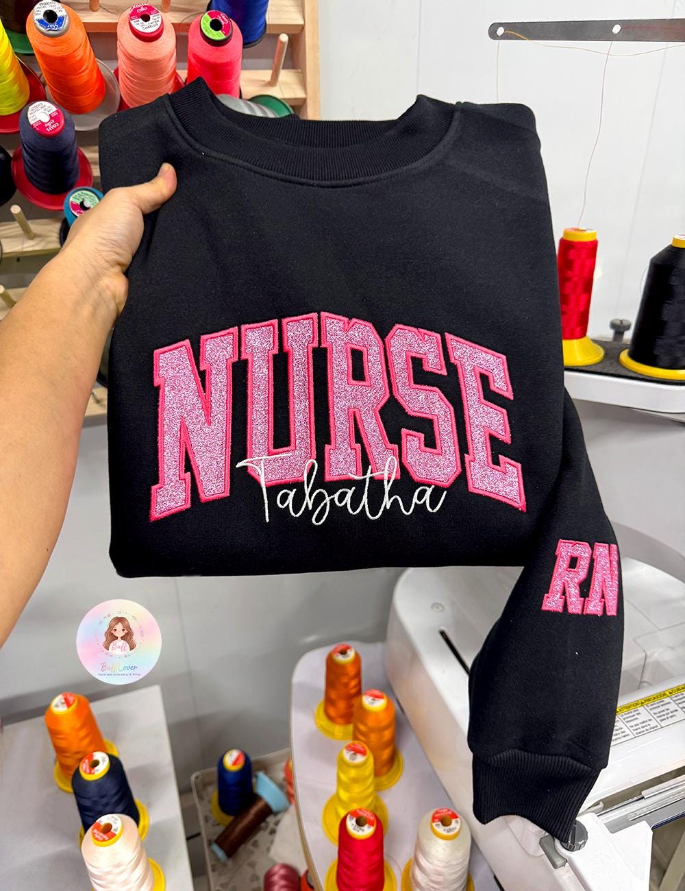 Custom Glitter Nurse Sweatshirt with Name and Sleeve Title