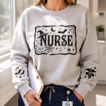 Embroidered Nurse Halloween Sweatshirt, Bat Spider Web Sleeve Embroidery, Spooky Nurse Shirt, Gothic Medical Shirt, Nurse Gift Shirt