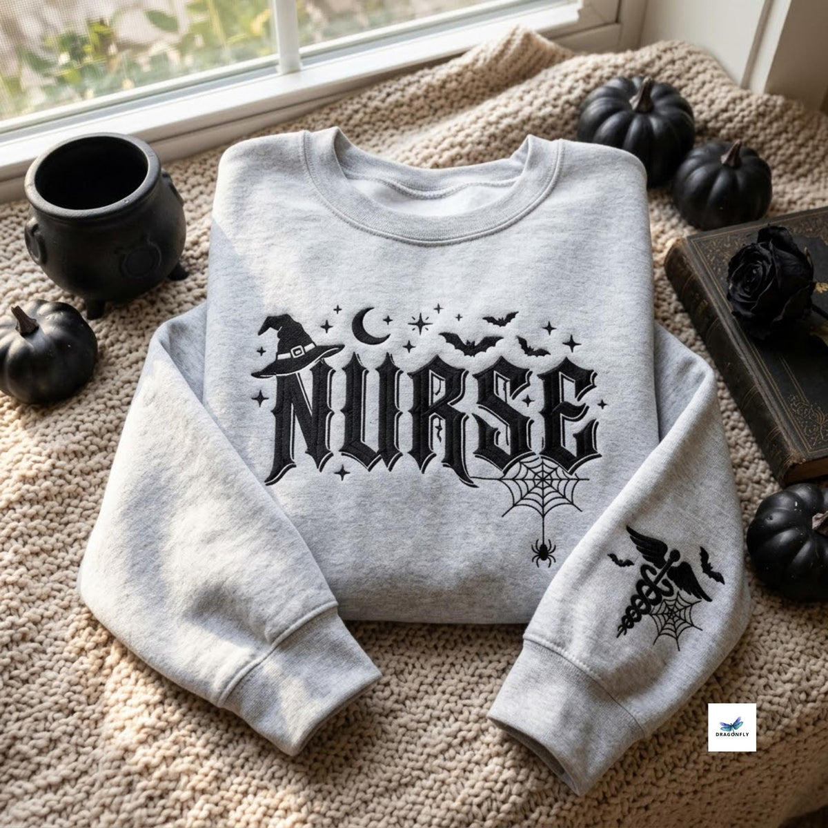 Embroidered Halloween Nurse Sweatshirt Spooky Fall Nursing Pullover Gift for RNs