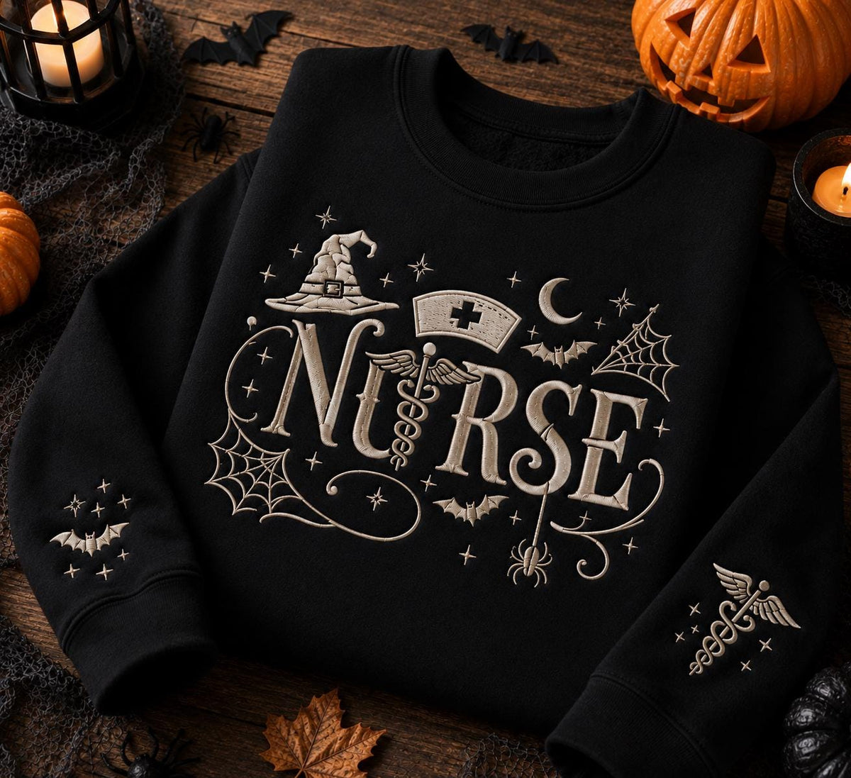 Halloween Nurse Embroidered Crewneck Sweatshirt. Spooky Witchy Medical Pullover