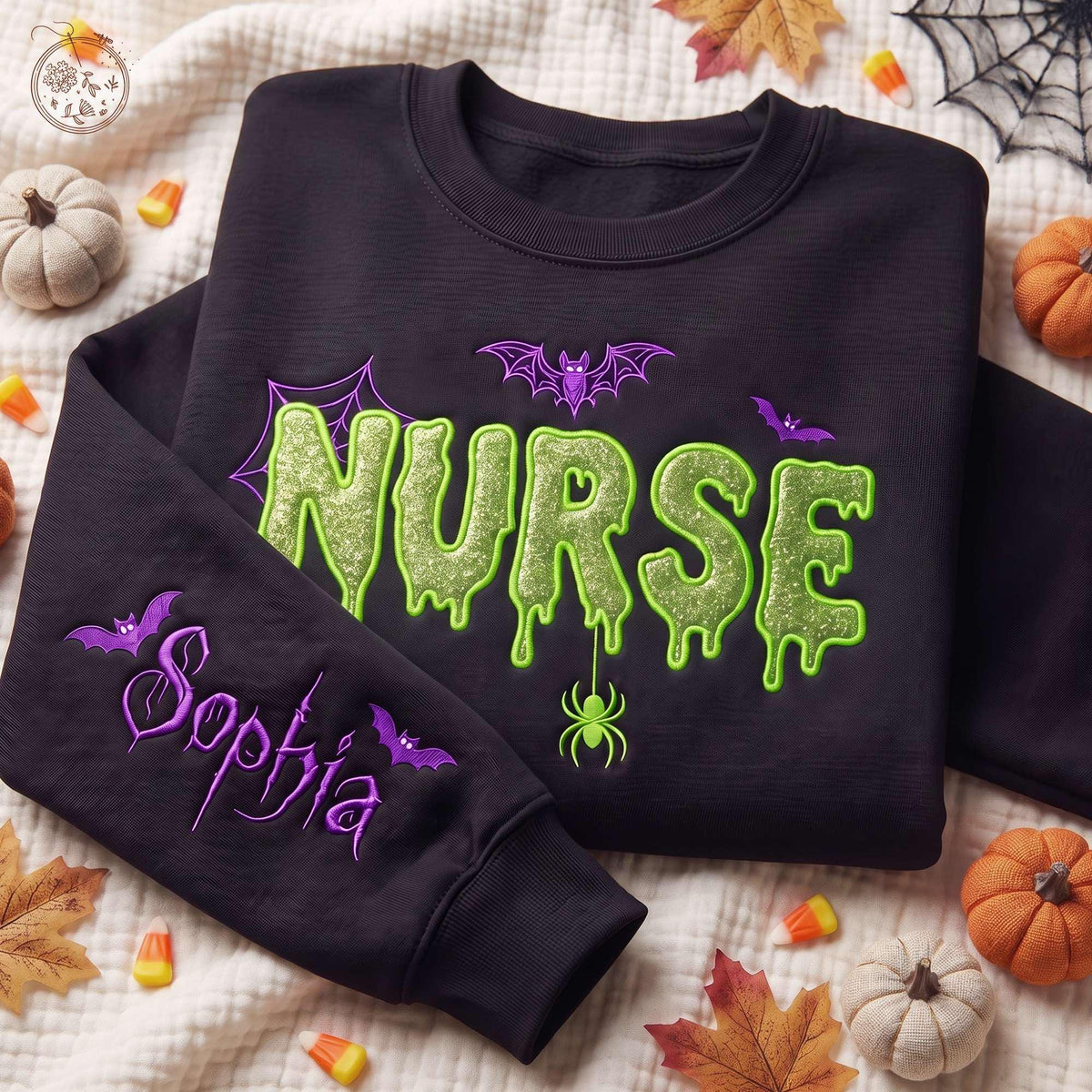 EMBROIDERED Halloween Nurse Sweater, Personalized Halloween Glitter Applique Sweatshirt, Custom Name Bats Hoodie, Spooky Nurse Applique Crewneck