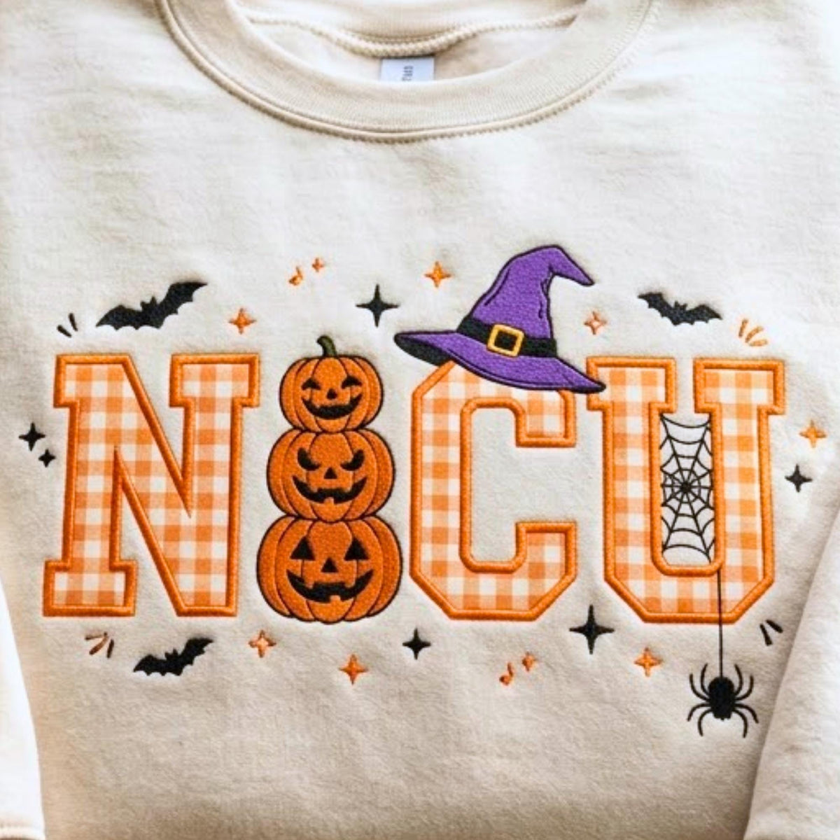 NICU Nurse Halloween Sweatshirt, Embroidered Gingham Pumpkin Crewneck, Fall RN Pullover with Witch Hat Pumpkin, Nurse Gift